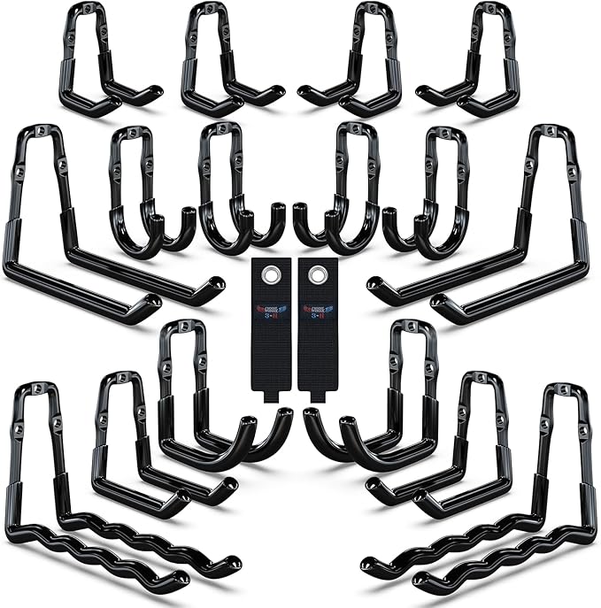 3-H Garage Wall Hooks 18 Pack, One-Piece Construction Garage Hooks Heavy Duty, Garage Accessories & Organizer Wall Mount for Ladders, Weedeaters, Garden Tools (Black)