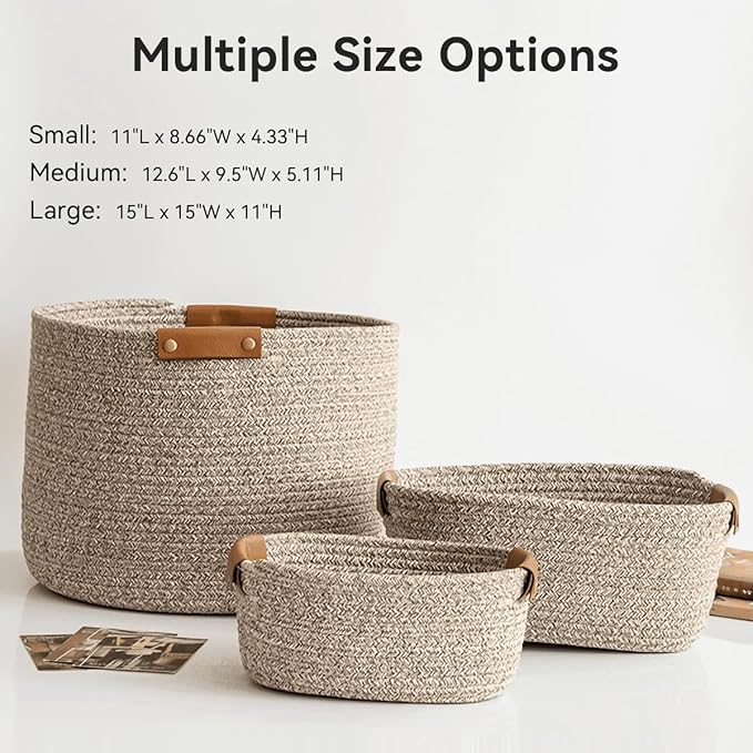 Small Cotton Woven Basket with PU Leather Handle, Baby Kids Clothes Toys Candy Gifts Cotton Rope Organizer, Living Room Basket Bathroom Shower Storage Laundry Basket, Dog Cat Bed, Cute Decor, Green