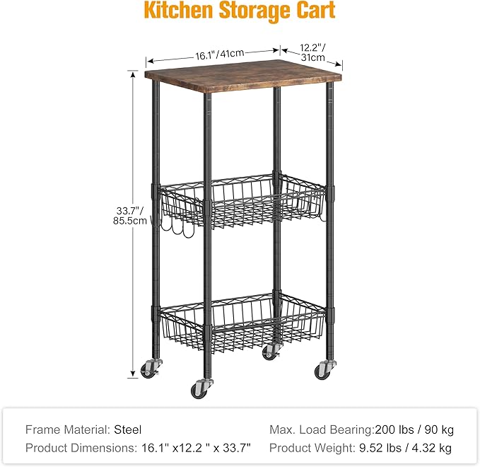 Homeiju Rolling Kitchen Storage Cart, 3-Tier Storage Rack on Caster Wheels with Adjustable 2 Baskets, Coffee Station Cart Rack Shelf Organizer for Living Room Office, Balcony, Rustic Brown/Black