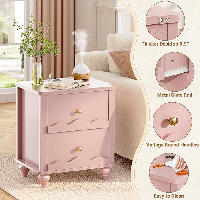 Cyclysio Nightstand with Charging Station, Side End Table with 2 Drawers, Modern Wood Night Stand with Scalloped Pattern for Bedroom, Bedside Night Tables with Solid Wood Gourd Legs