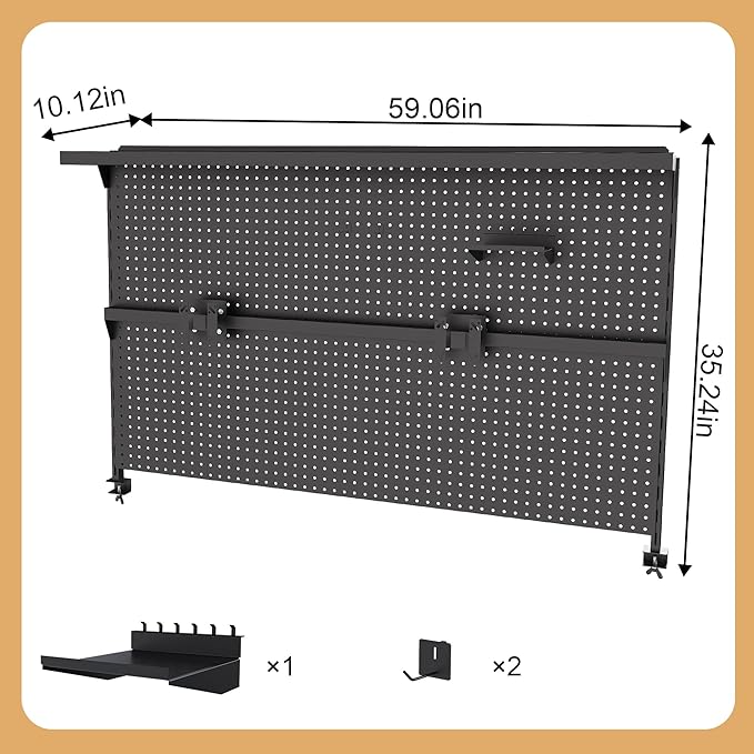 KEIKI Metal Pegboard Desk Organizer with Dual Monitor Stand, 59" x 35" Large Desk Peg Board with Hooks & Movable Panel, Office Organization and Storage Shelf for Gaming or Workstation Setup, Black