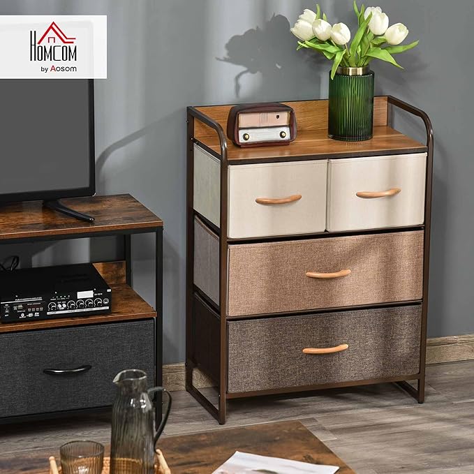 HOMCOM 4-Drawer Dresser, Fabric Chest of Drawers, 3-Tier Storage Tower with Steel Frame and Wooden Top for Bedroom, Nursery Room, Multicoloured