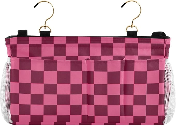 Checkered Hot Pink Bedside Caddy for Dorm Bed Bedside Hanging Caddy Bag Iron Frame Storage Organizer Pocket for Bunk Home College Hospital Beds 2 Hooks