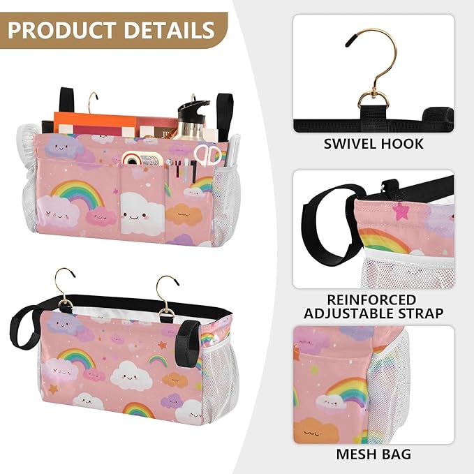 Multicolored Stars Rainbows Bedside Caddy for Dorm Bed Bedside Hanging Caddy Bag Iron Frame Storage Organizer Pocket for Bunk Home College Hospital Beds 2 Hooks