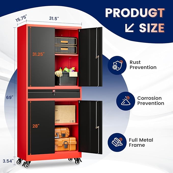 Yizosh Metal Garage Storage Cabinet with Locking Doors and Adjustable Shelves,- 73" Rolling Tool Storage Cabinet with 4 Wheels and 1 Drawer for Garage,Warehouse (Red Black)