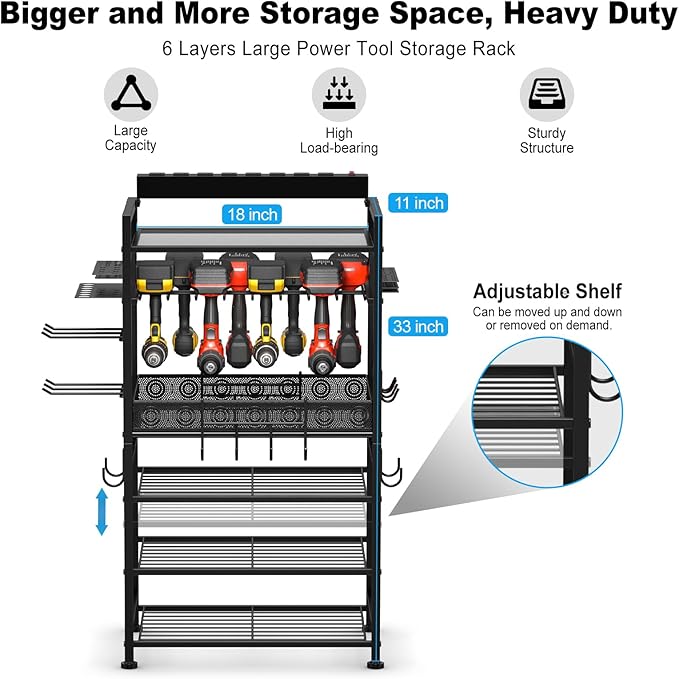 JUNNUJ Power Tool Organizer Floor Stand with Charging Station, Garage Adjustable Storage Rack Utility Tool Shelf with 8 Outlet Power Strip, Heavy Duty Drill and Battery Holder, Black