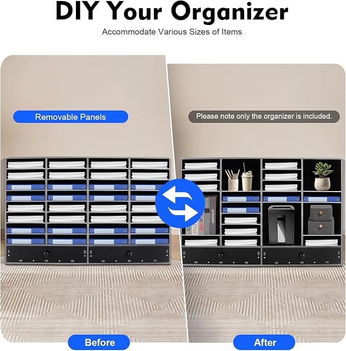 Adjustable Literature Organizer, 32 Compartments Mail Sorter Organizer with 2 Drawers, PVC Desktop File Sorter, Classroom Mailbox Office Mailbox Cubbies for Office, Home, Study Room Black