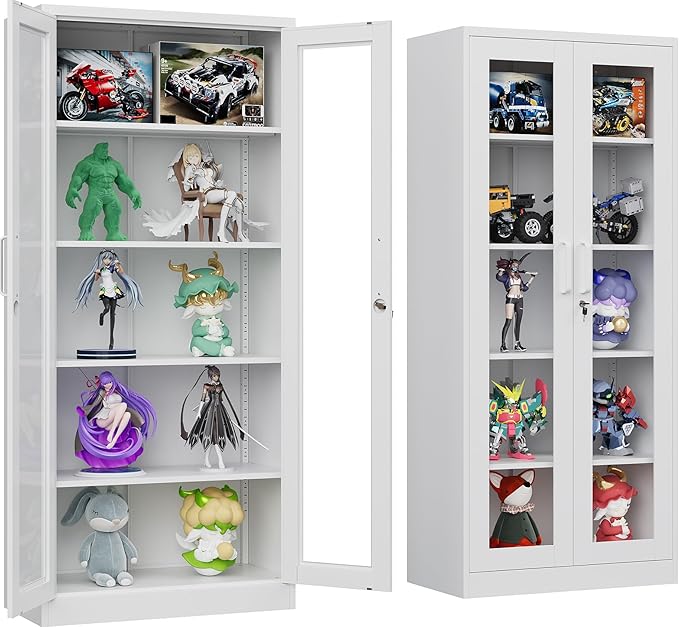 Metal Storage Cabinet with Lock and Glass Doors,71" Tall Glass Display Cabinet,White Storage Cabinets,Locking Curio Cabinets with 5 Shelves for Collectibles,Home,Office,Living Room