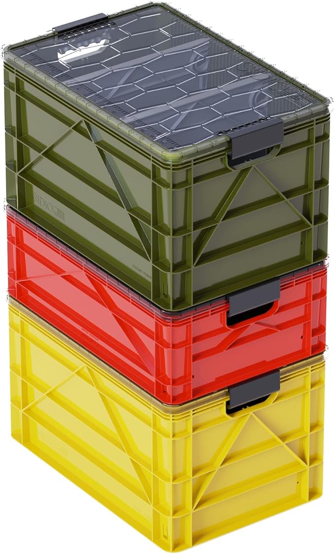 SIDIO CRATE Pro Pack - Two Full Size and One Half Size SidioCrate, Stackable Outdoor Organizer Storage Bins with Clear Lid and Dividers - UTILITY Variety Pack