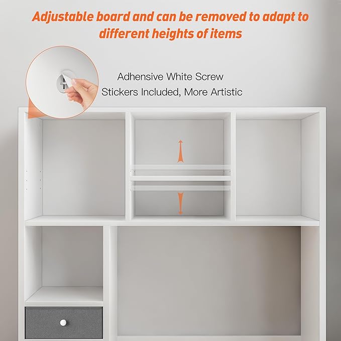 REIBII Desktop Bookshelf,Adjustable Desktop Organizer,High-Capacity Desk Hutch Organizer with 7 Shelves and 2 Drawers for Computer Desk,Desk Shelf for Top of Desk, Desk Hutch Dorm, White