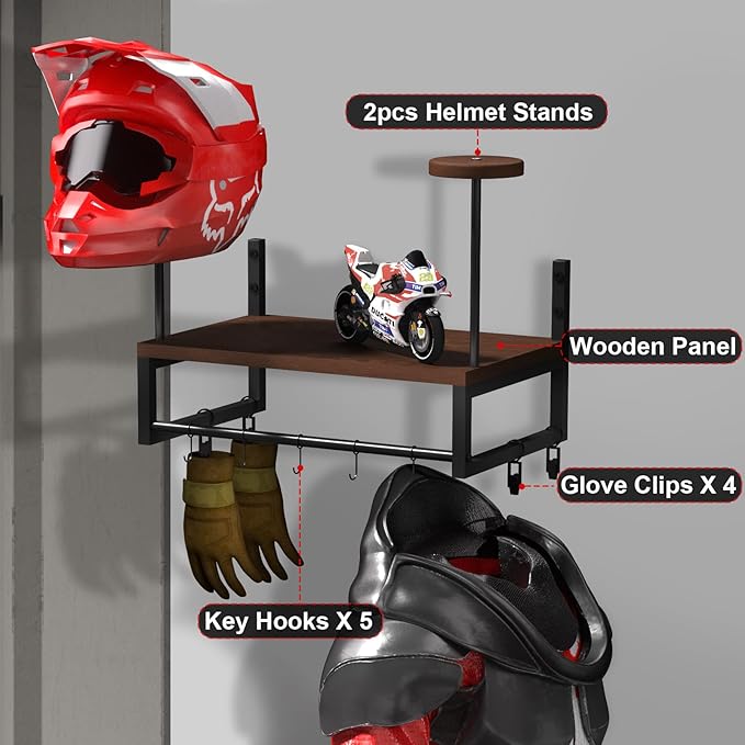Helmet Holder Wall Mount, Retro Helmet Rack with Wooden Board, 2 Helmet Stands for Moto Gear Storage, Football Accessories Organizer, 4 Clips 5 Hooks for Hanging Gloves Keys, and Tactical Vests