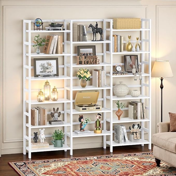 Homykic Bamboo Triple Wide Bookshelves and Bookcases, 6-Tier Shallow Open Bookcase with 17 Display Shelves, 6ft Super Large Freestanding Book Shelf for Home Office, Bedroom, Living Room, Pure White
