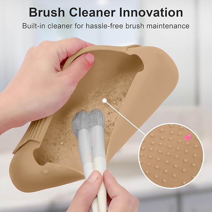 Silicone Travel Makeup Brush Holder for Women with Magnetic Closure and Built-in Brush Cleaner, Washable Cosmetic Organizer, Gift-Ready Pouch, Khaki