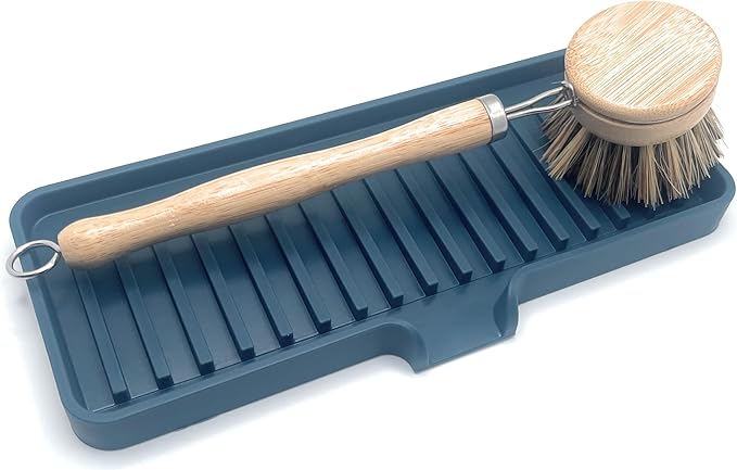 Happitasa Silicone Soap Dish Tray and Sponge Holder with Drain Chute | Bathroom and Kitchen Sink Organizer Caddy (Smoky Blue, 9"x3.5", 5.6 Ounces)