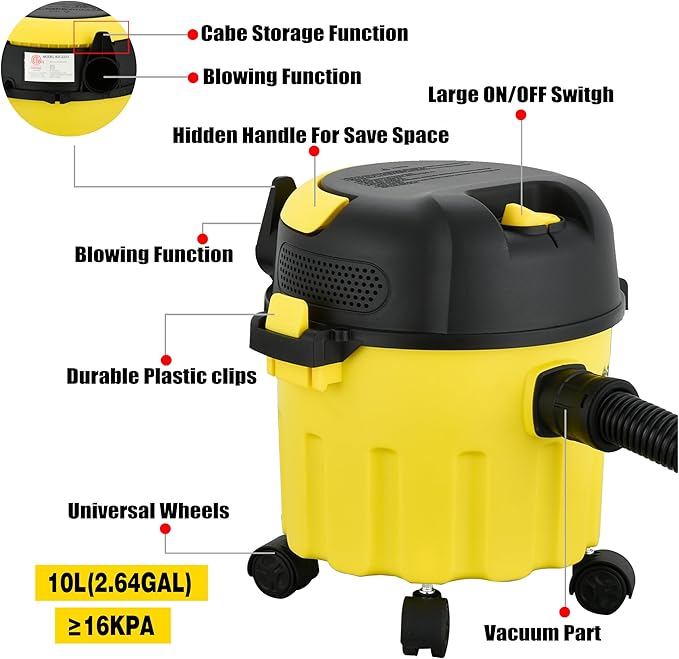 Wet-Dry Vacuum, 3-in-1 Portable Shop Vacuum Cleaner with 2 Peak HP Power Suction, Lightweight Wet Dry Vacuum with Blower & Wall Mount Design for Car, Pet Hair, Hard Floor