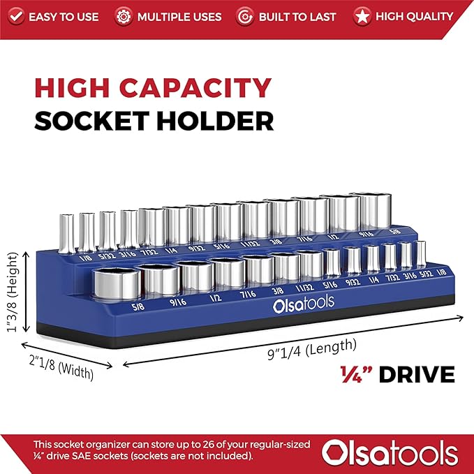 Olsa Tools Magnetic Socket Organizer | 1/4-inch drive | SAE BLUE | Holds 26 Sockets | Professional Quality Tools Organizer