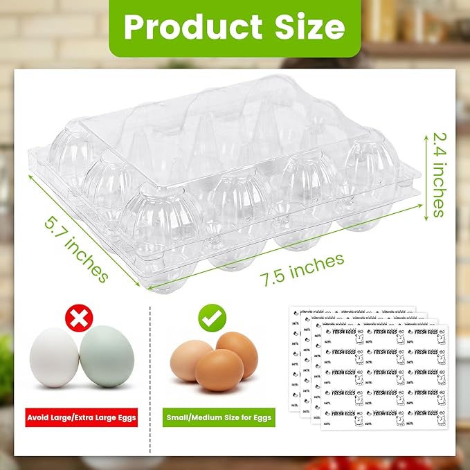 LOVEINUSA 100 PCS 12 Count Plastic Egg Cartons, with 105PCS Date Labels, Bulk Cheap Clear Reusable Egg Holder for Fresh Medium Eggs Storage, Suitable for Farms, Families, Markets Display