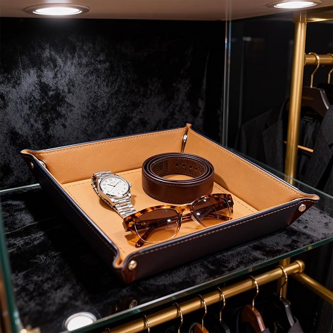 siduater Valet Tray Desktop Storage Organizer, Vegan Leather Catchall Tray Bedside Vanity Tray Nightstand Caddy Holder for Remote Controller, Watch, Keys, Phone, Wallet, Sunglasses, Jewelry, Khaki