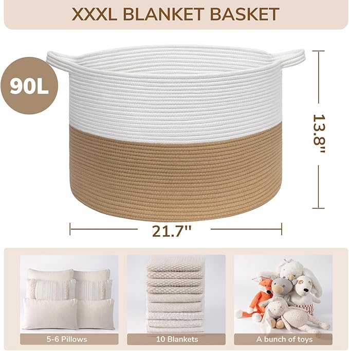 INDRESSME XXXLarge Jute Rope Basket 21.7" x 21.7" x 13.8" Woven Baby Laundry Baskets for Blankets Toys Storage Basket with Handle Comforter Cushions Storage Bins Thread Laundry Hamper