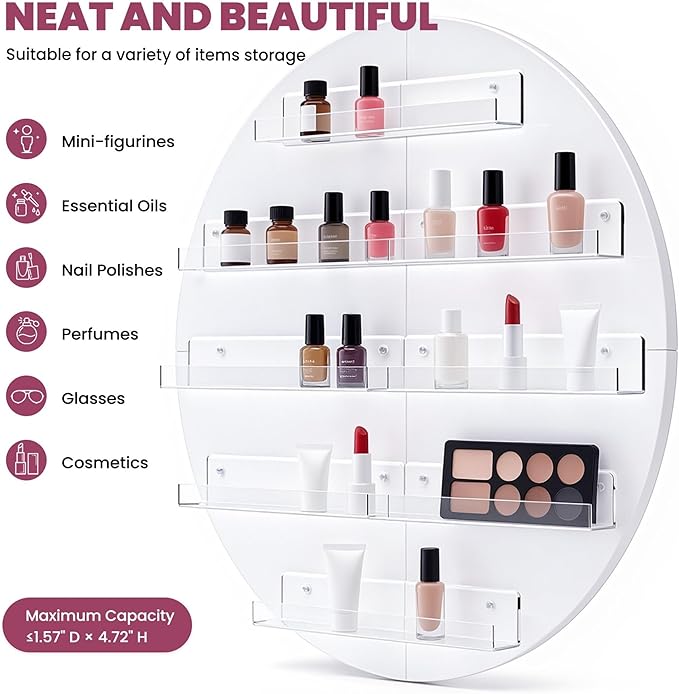 Wall Mount Nail Polish Organizer, Wood Nail Polish Rack w/Acrylic Barrier, 5-Tier Round Storage & Display Shelf, Perfume Essential Oil Bottles Holder, White