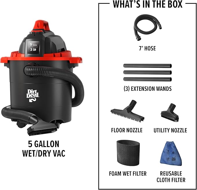 Dirt Devil 5 Gallon Corded Wet Dry Shop Vacuum, Portable, Heavy Duty Vacuum for Garage, Home, Workshop or Vehicle, Compact Design with Versatile Tools, Wet/Dry Shop Vac