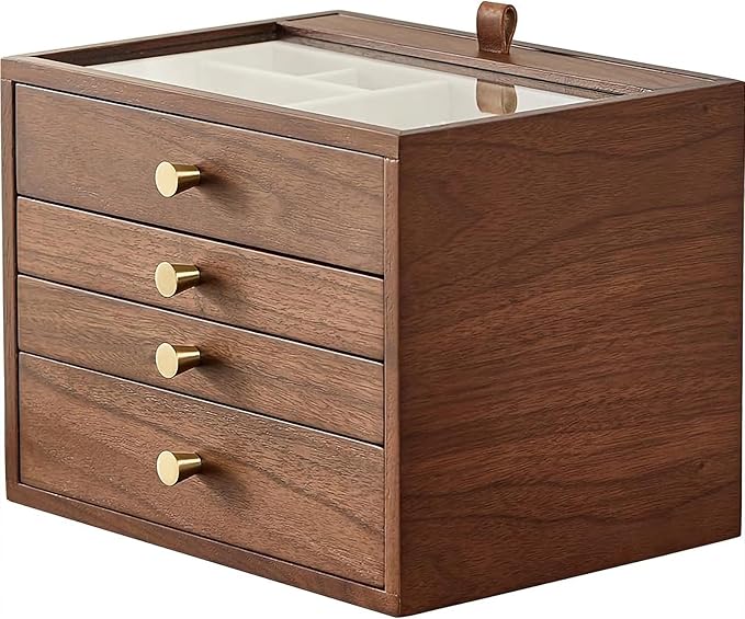 Black Walnut Wooden Jewelry Box for Women 4 Layer with Glass Lid and Pull-out Necklace Storage Layer Watch Necklace Ring Earring Storage,Christmas Gifts