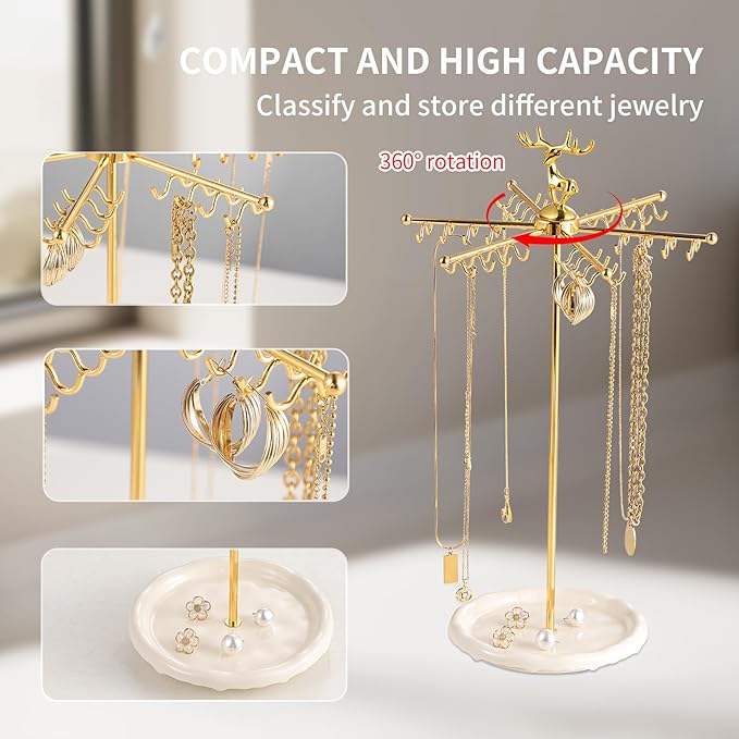 Necklace Holder Jewelry Stand, Rotating Necklace Holder Organizer with 48 Hooks for Necklace Earring Keychains Bracelet Display Stand, Metal Necklace Tree Stand -Women Gifts (Gold)