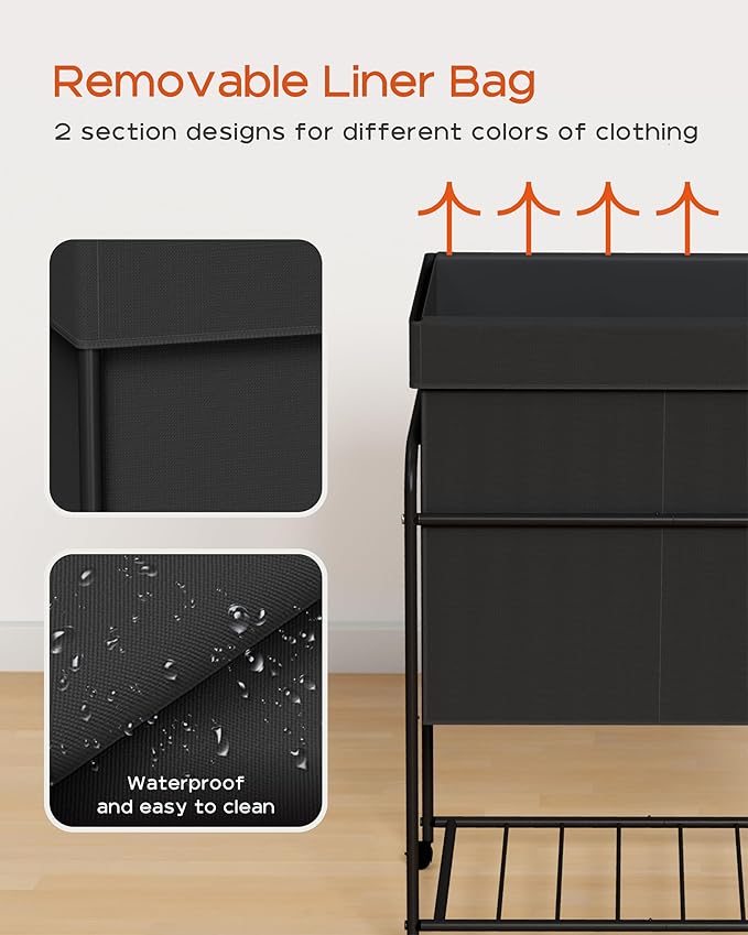 Laundry Basket with Wheels, Rolling Laundry Hamper, Laundry Sorter with Removable Liner, Steel Frame with Handle, 80L, 19.7 x 13 x 25.2 Inches, Black, LHC100B01