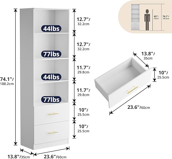 Cozy Castle 74.1'' Bookshelf,Tall Bookcase with Drawers, 4-Tier Open Bookshelf with Adjustable Storage Shelves,23.6 Inches Wide Floor Standing Bookcase for Home Office,Bedroom,Living Room,White
