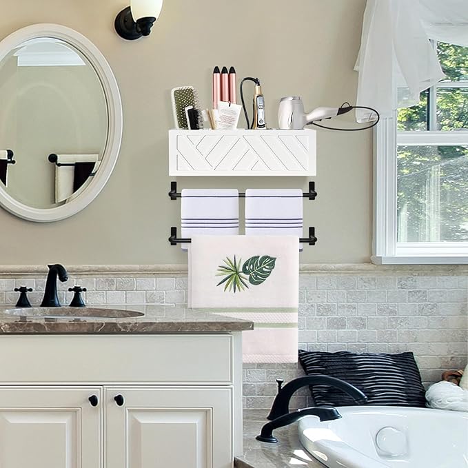 Hair Tool Organizer Wall Mount, Hair Dryer Holder with 2 Towel Bars, Wood Hot Tools Organizer, Rustic Bathroom Organizer Blow Dryer Holder for Bathroom Decor, Flat Iron, Curling Wand, Brushes(White)