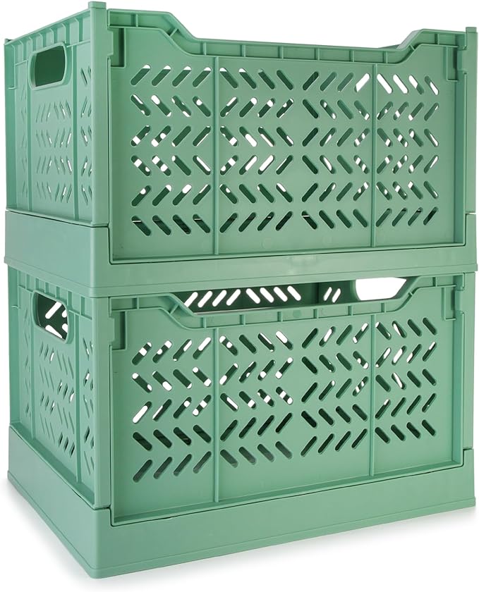 Domiella 2-Pack Crates for Storage, Storage Crates Plastic Stackable, Foldable Crate for Office Home Kitchen Bedroom Bathroom (Tall, Green)