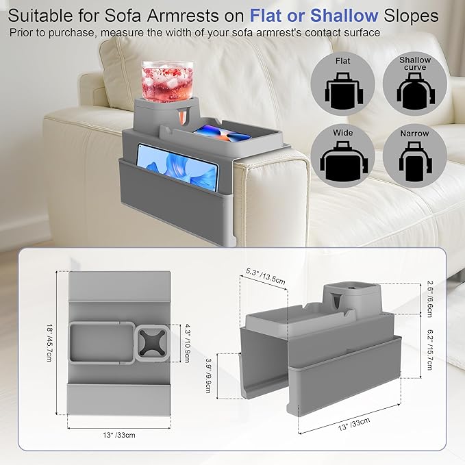 KindGa Couch Cup Holder Tray，Super Large Silicone Sofa Armrest Tray with Side Pockets，Anti-Slip Couch Caddy for Drinks/Phone/Remote/Snacks Sofa Table Organizer，Fathers Day Dad Gifts -Slate Gray