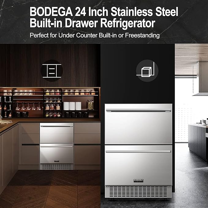BODEGA 24 Inch Beverage Fridge under Counter, 2 Drawer Outdoor Coolers for Patio and Deck Weatherproof, Stainless Steel Beverage Refrigerator for Beer, Soda, Holds 180 Cans