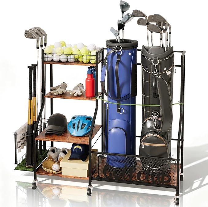 Golf Rack with Golf Bag Storage, Large Golf Bag Organizer for 2 Bags, Golf Bag Stand with Golf Club Rack, Extra Sports Equipment Rack for Garage & Golf Clubs with Wheels