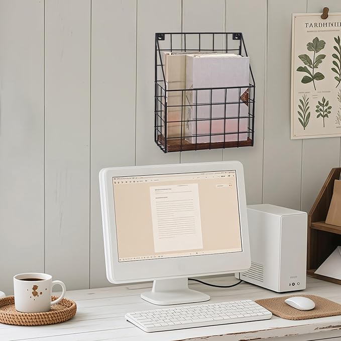Mail Holder Magazine Basket - 1 Pack Black Wall Mount File Organizer Rack of Wooden Style with Adhesive Mounting - Metal Wire Hanging Sorter for Document Folders Newspaper Clipboard Brochure Display
