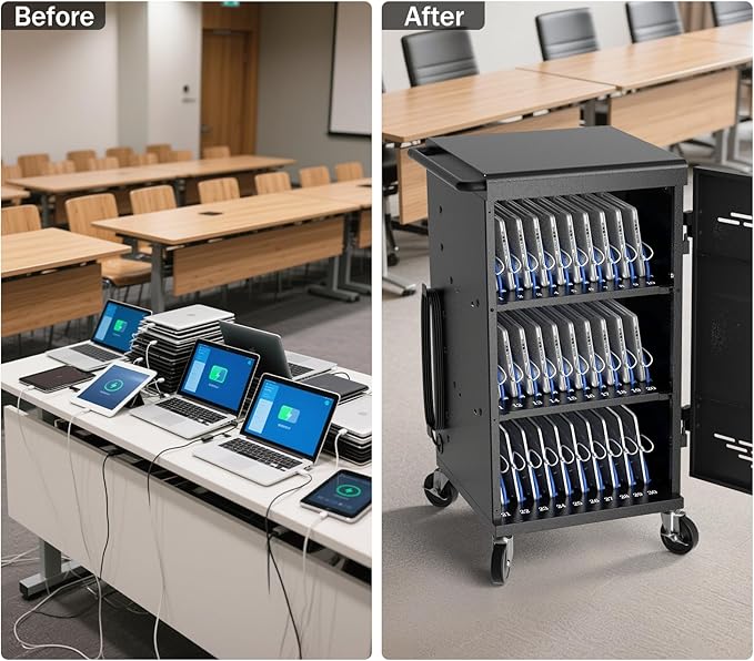 POCHAR Fully Assembled 30 Unit Device Charging Station for Chromebook, iPad, 14'' Laptop - Charging Cart with Charger Cable Management, Circuit Breaker, Grounding Protection