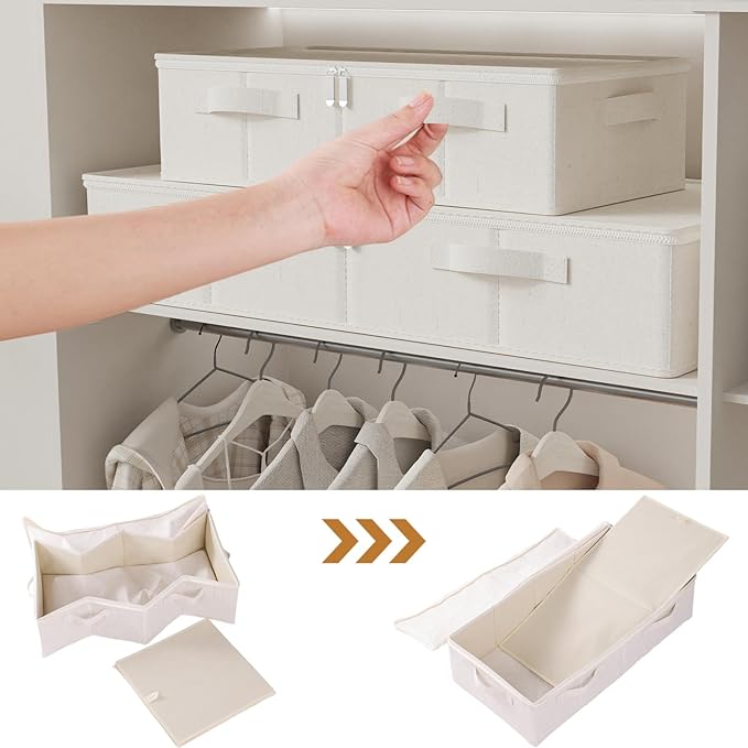 Underbed Storage Box Organizer, Foldable Under Bed Clothes Bags Container, Flat Bins with Lid for Organizing Clothes, Sheets, Blankets, Comforter, 23.6x11.8x5.9in, Beige, 3 Pack