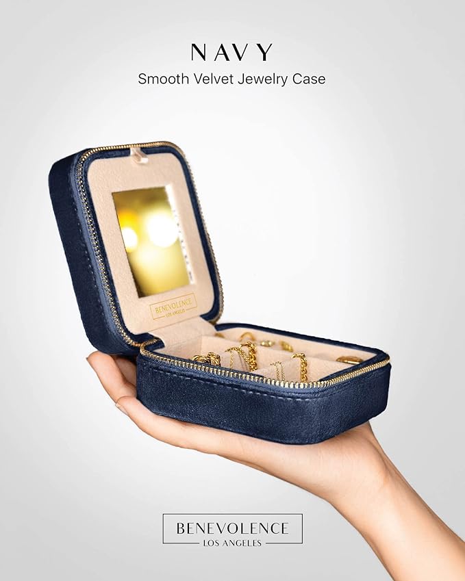 Benevolence LA Plush Velvet Jewelry Box | Travel Jewelry Case Organizer with Mirror | Featured in Oprah's Favorite Things | Best Gifts For Daughter, Girlfriend, Mom | Gifts For Her - Navy Blue