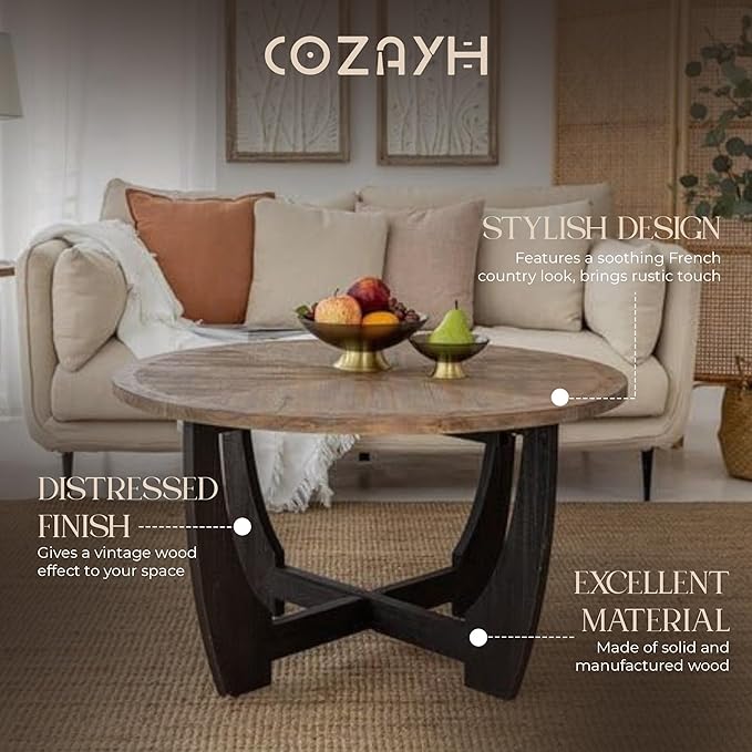 COZAYH Rustic Farmhouse Coffee Table with Crisscross Base, French Country Accent Table for Family, Dinning or Living Room, Modern, Round
