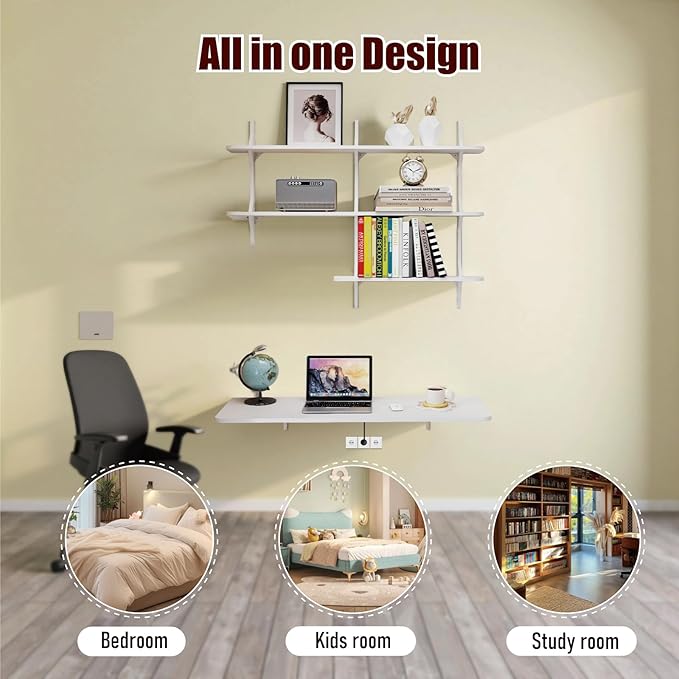 Pmnianhua Wall Mounted Folding Table, 47'' Floating Laptop Desk with Shelves, Foldable Drop Leaf Table, Wall Mount Fold Down Table for Laundry Room Kitchen Bar Home Office Small Space(White)