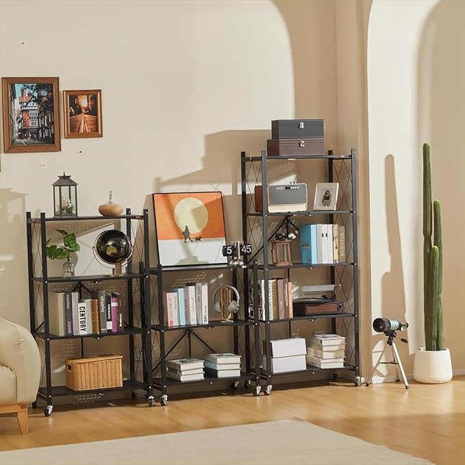 DEANIC 5 Tier Foldable Storage Shelves with Wheels, Large Capacity Shelving Unit, Freestanding Metal Wire Shelf Rack, No Assembly Organizer Rack for Garage Kitchen, Basement, Pantry(Black)