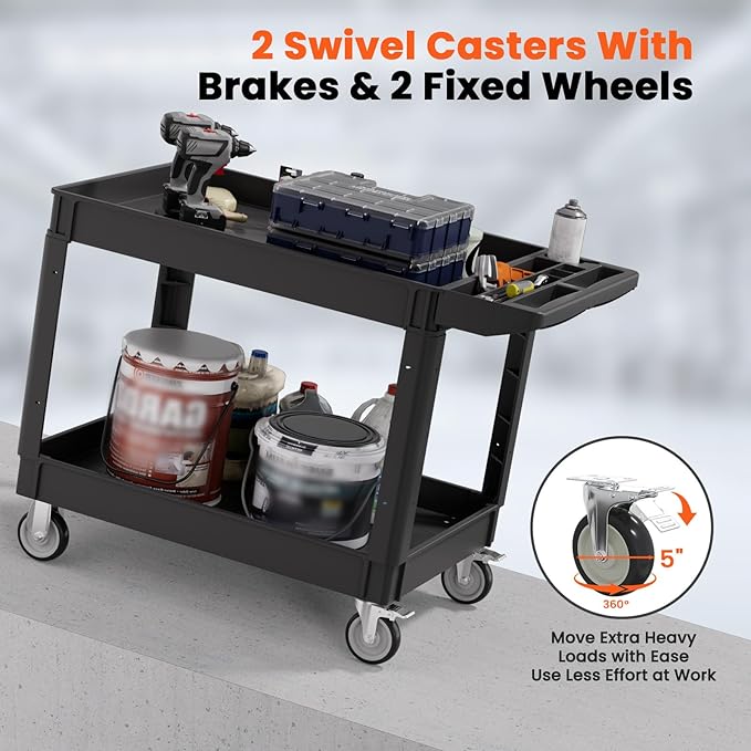 2 Tier Plastic Rolling Utility Cart on Wheels, Heavy Duty Tool Cart with Deep Shelves and 360° Swivel Wheels Holds up to 550 lbs, Service Cart for Warehouse,Garage, Cleaning (Black-L)