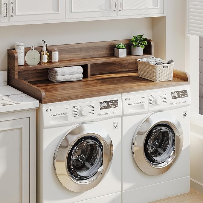 2-Tier Washer Dryer Countertop with 2.75" H Edge Rails, 54" W x 27.55" D Laundry Countertop for Folding Clothes, Washer and Dryer Topper with Non-Slip Pad (Dark Walnut)