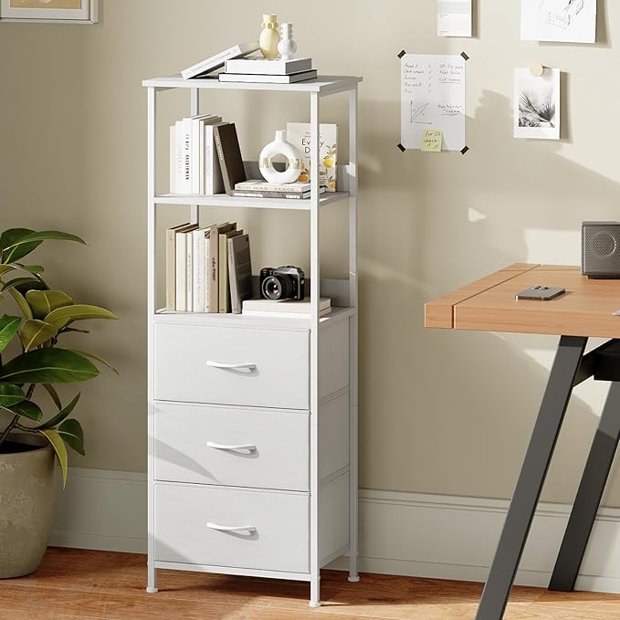 Somdot 3 Tier Bookshelf with Drawer, Tall Bookcase with Shelves, Bookshelf Desktop Organizer, Display Standing Shelf Units for Living Room, Bedroom, Study Room, White Leather
