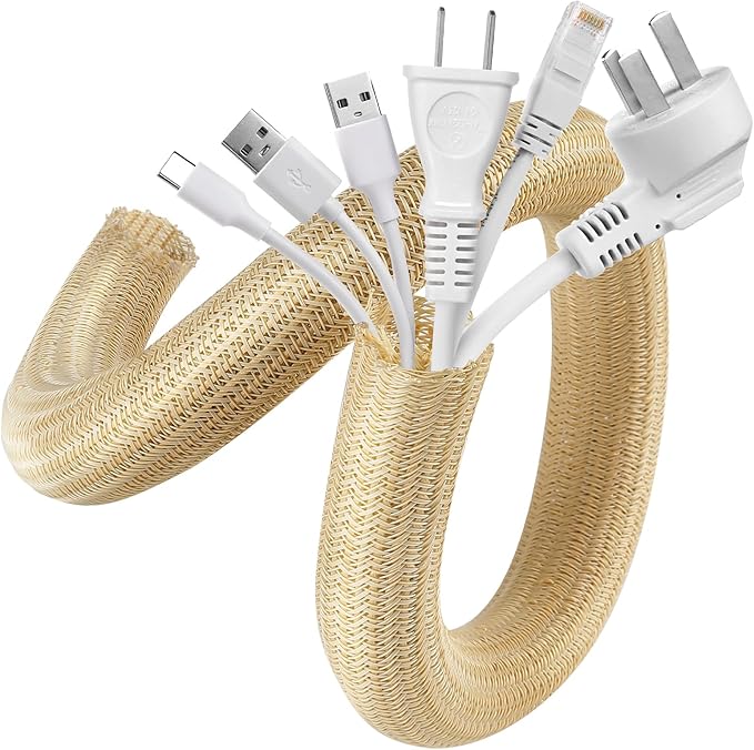 AGPTEK Cable Sleeve Cover, 2 Pack 5ft - 1.2 inch Desk Cord Organizer Cable Hider, Home Office Wire Management Computer TV Wire Loom Tubing, Pet Proof Cord Protector, from Cat Dog Chewing, Wood Color