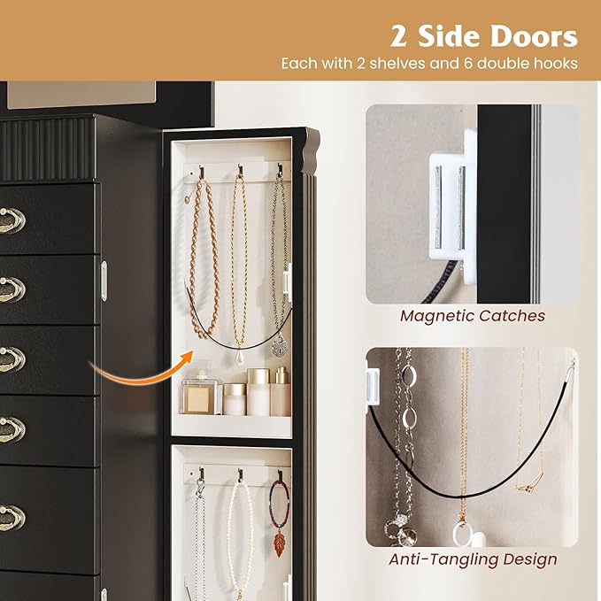 Giantex Standing Jewelry Cabinet with 7 Drawers, Flip-Top Mirror, 2 Side Doors with 12 Necklace Hooks, Divided Ring Compartments, Velvet-Lined Jewelry Armoire Organizer Chest (Black)
