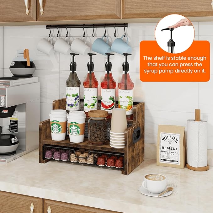 Homode Coffee Syrup Rack Organizer, 3-Tier 8 Bottles Syrup Holder Stand with 35 K Cup Storage Basket Drawer for Coffee Bar, Wood Liquor Shelf Wine Rack Countertop for Home, Rustic Brown