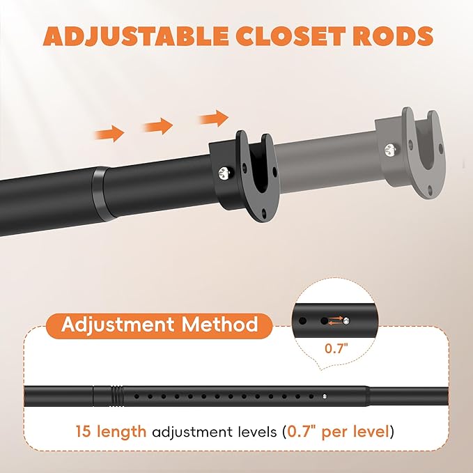 Closet Rod 17-39 Inches, Adjustable Heavy Duty Metal Black Closet Rods for Hanging Clothes 1.3 Inches Diameter for Wardrobes Laundry