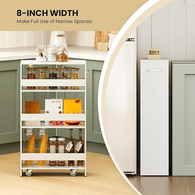 Small Kitchen Cart, 4-Tier Slim Rolling Island w/Handle, Laundry Room Storage Organizers Between Washer and Dryer, Narrow Spice Rack on Wheels Next to Fridge (White, 8'')