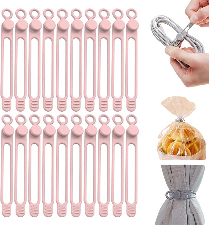 Data Cable Organizer, Silicone Cable Ties Reusable - Elastic Cord Organizer for Electronics, Adjustable Wire Ties for Cable Management,Computer Wires,Phone Charger,Earphone,Home Office (Pink, 20PCS)